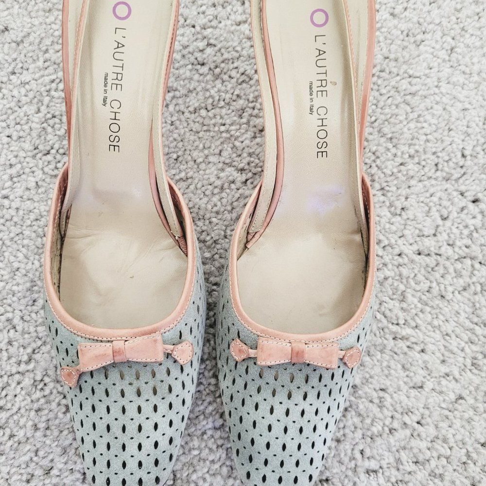 Suede perforated pale blue and tan- pink sling-back heels size 10